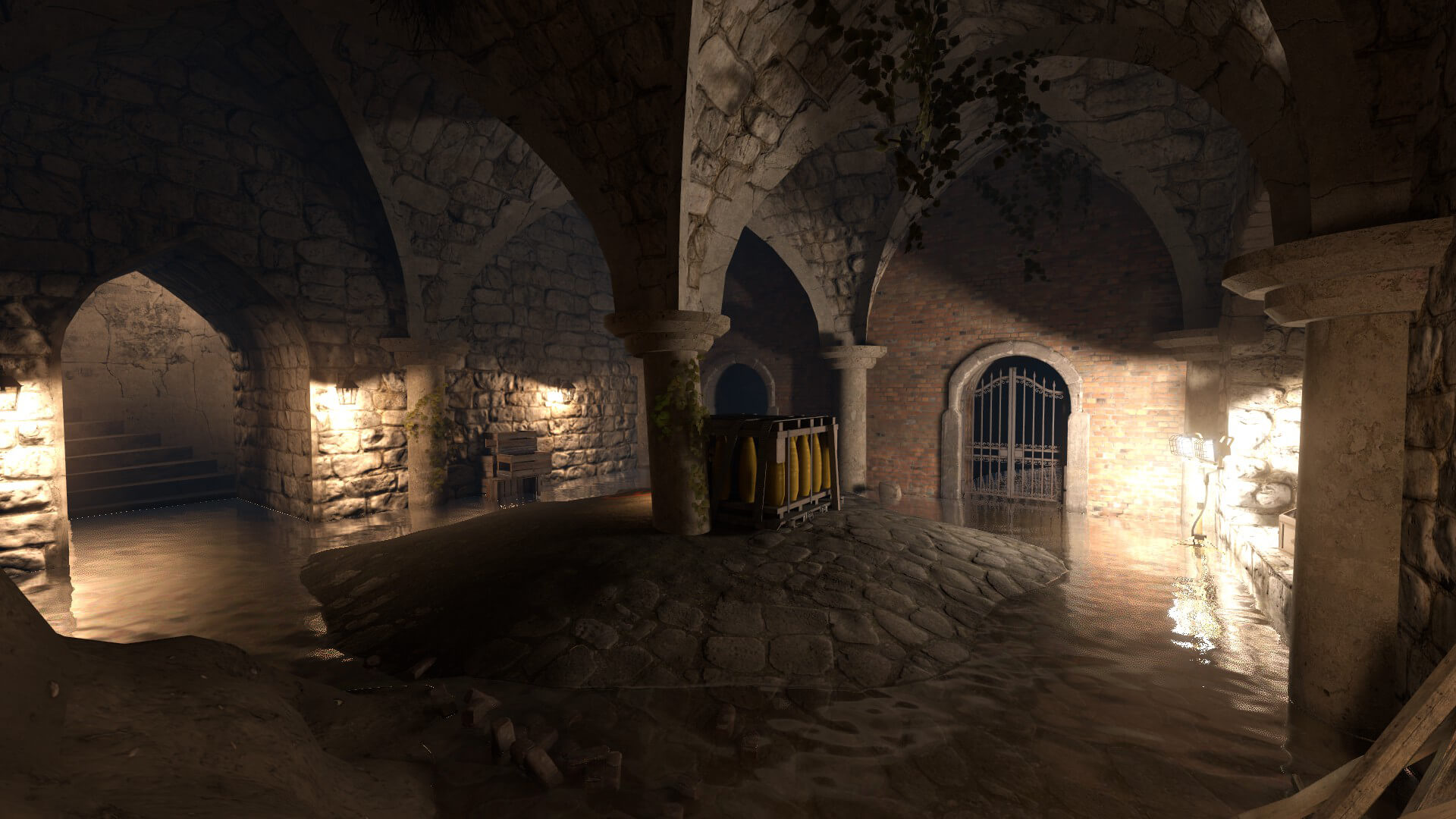 Bombsite in de donkere ondergrondse catacomben met tunnels en water in Counter-Strike 2 map VESPER