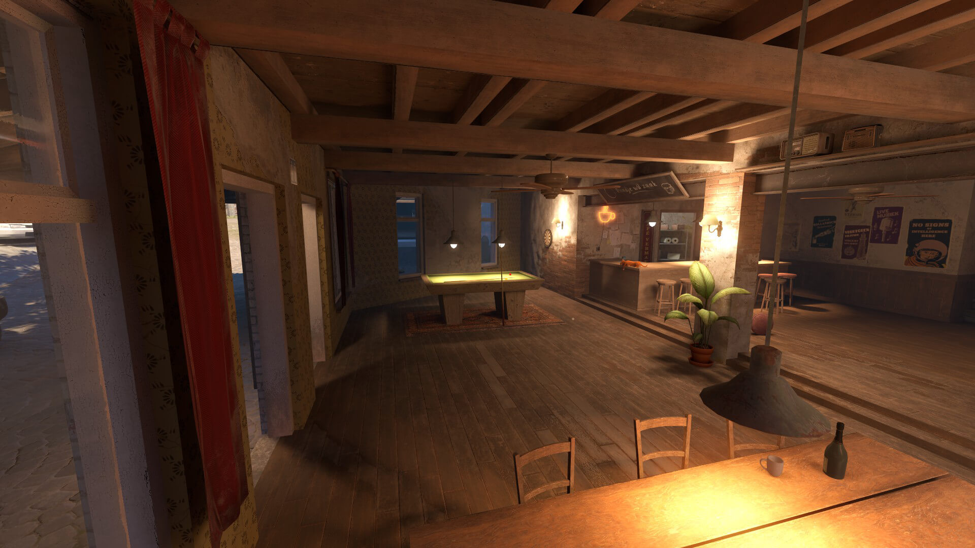 Sfeervol interieur van een bruin café met biljarttafel en dartbord in Counter-Strike 2 map VESPER