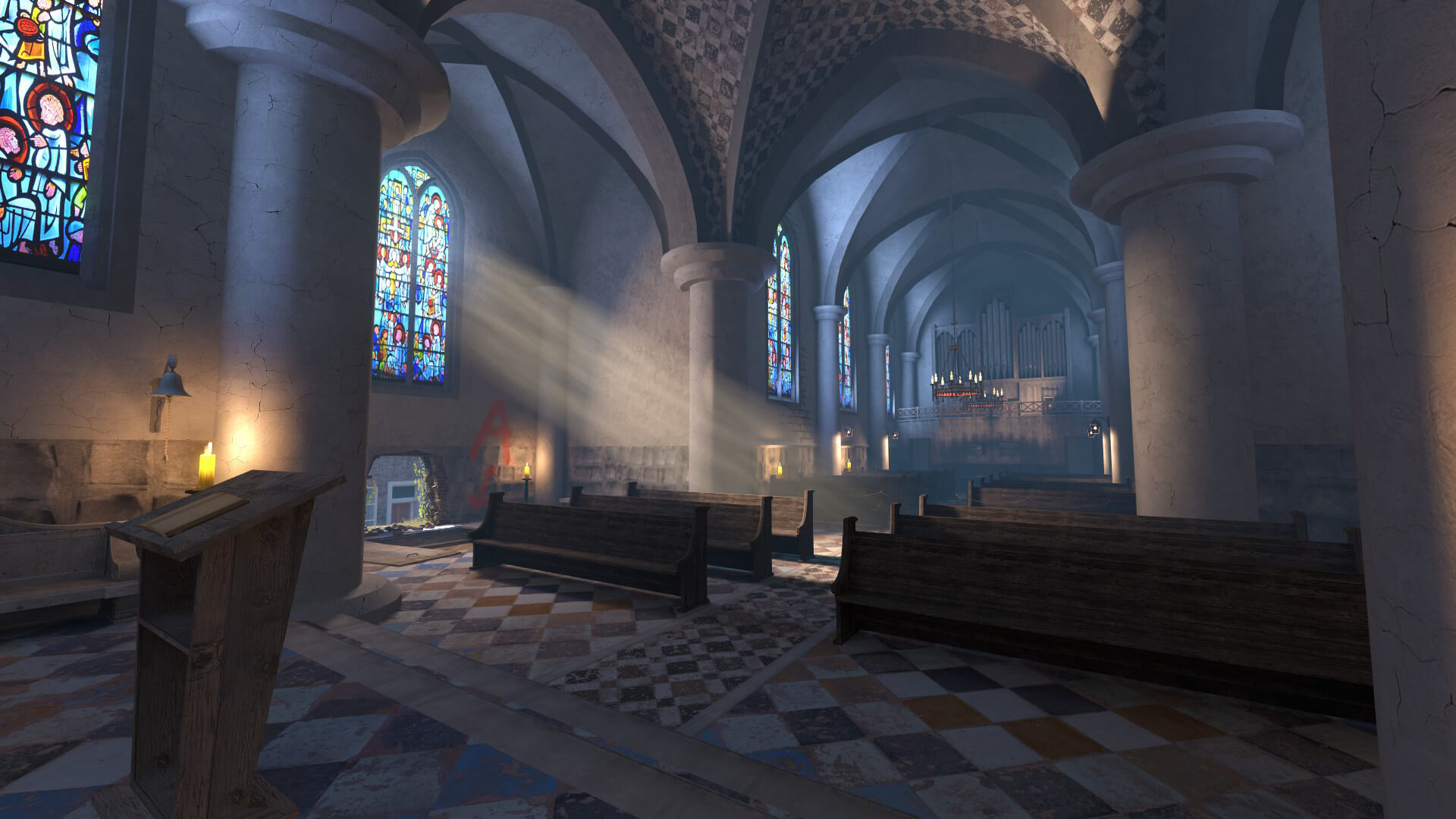 Gotisch kerkinterieur met gewelven, glas-in-loodramen en invallende lichtstralen in Counter-Strike 2 map VESPER