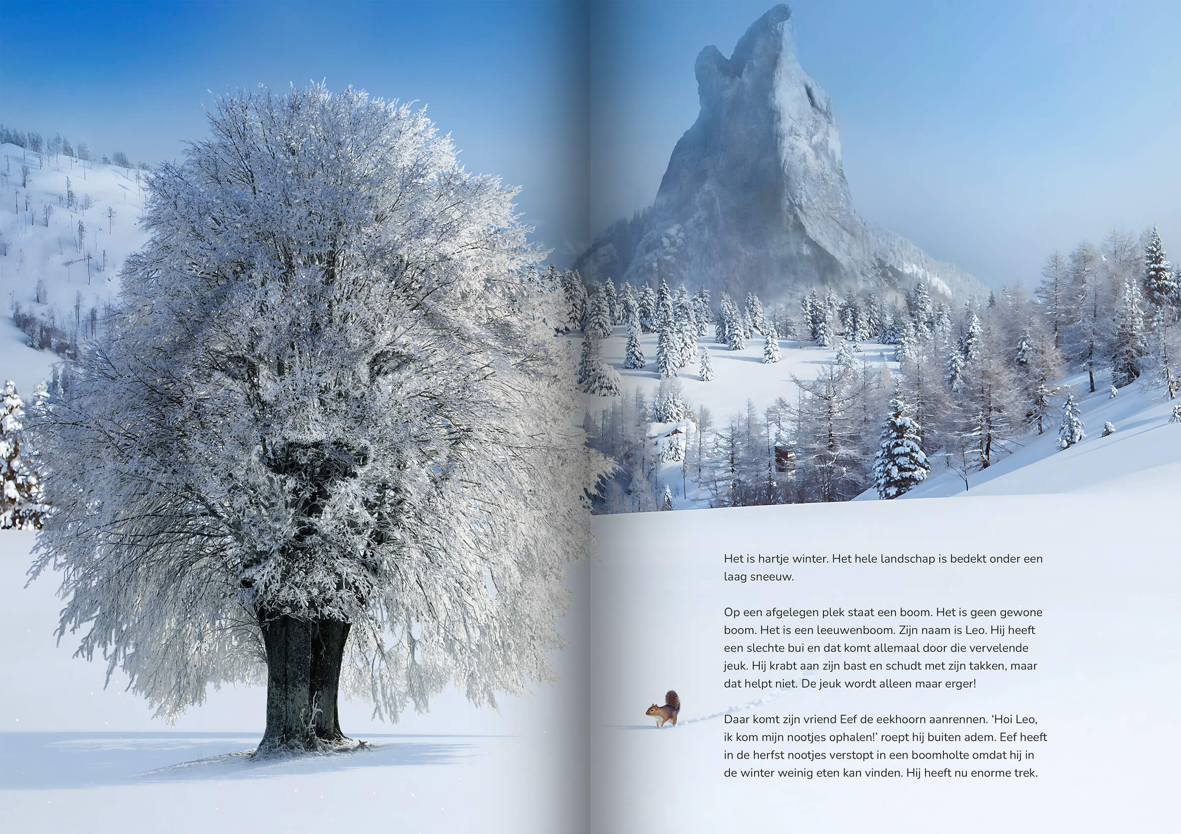 Geopend prentenboek Leo de Leeuwenboom met winters landschap en leeuwenboom illustratie