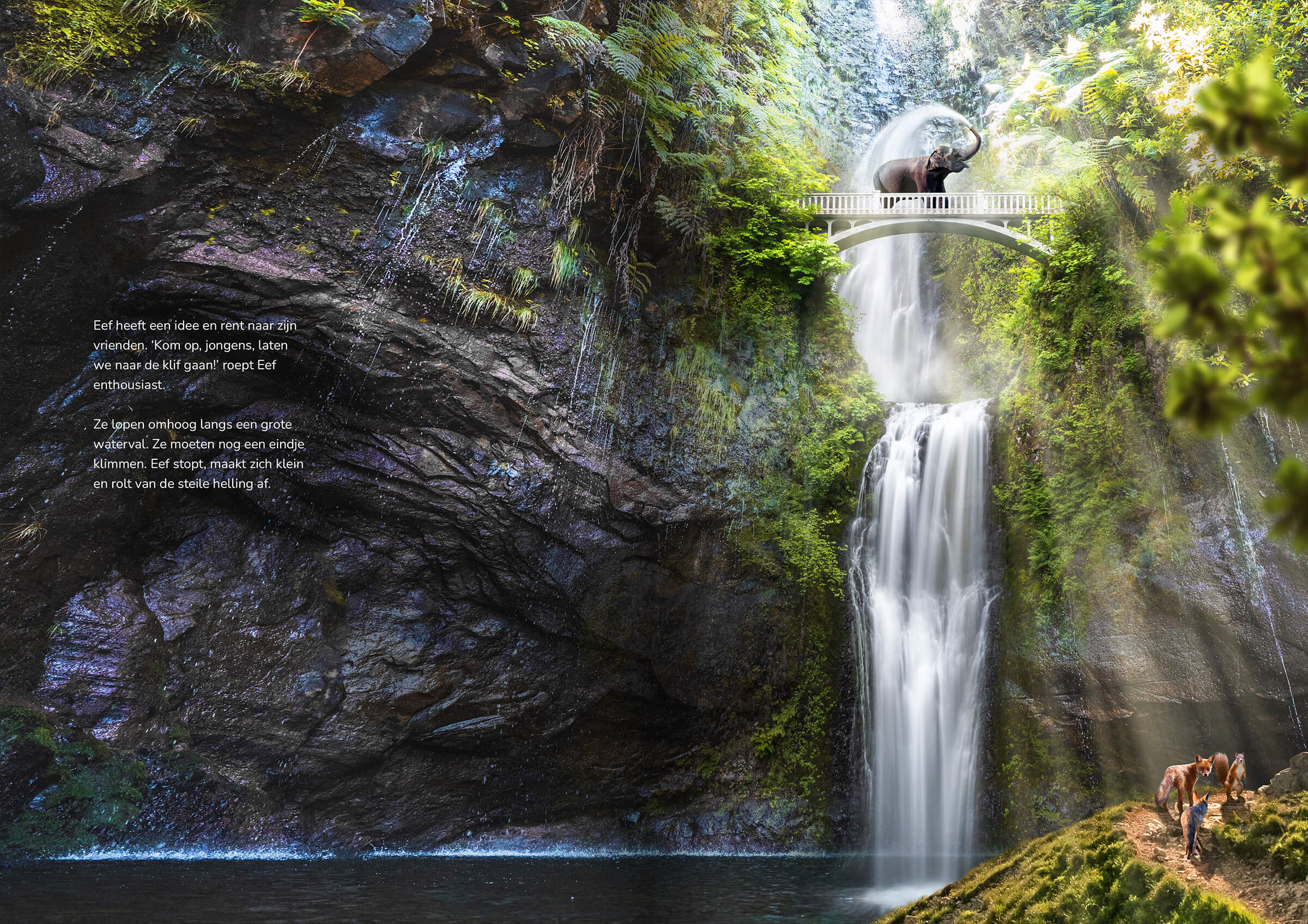 Illustratie van magische waterval in het prentenboek Leo de Leeuwenboom